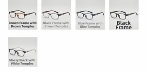 Detail view of five stylish TR90 rectangular glasses frames in various fashion colors