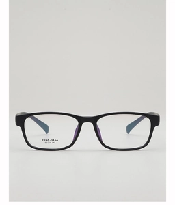 Detail view of TR90-1166 black square frames with printed size dimensions on the temple