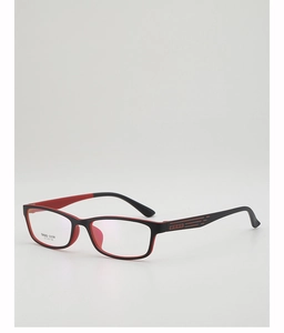 Detail view of TR90 square eyeglass frames with black exterior and red interior finish