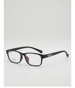 Detail view of TR90 square black eyeglass frames with gold accents and size specs