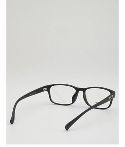 Detailed view of black TR90 square glasses frames with golden decorative hinge detail