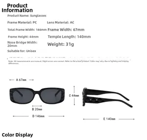 Detailed size chart of square frame sunglasses with PC frame and AC lens dimensions