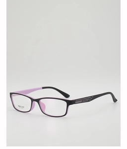 Detail view of square black and purple TR90 glasses frames with interior engraving