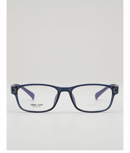 Detail of blue square TR90 eyeglass frame with dimensions 53-16-141 printed on temple