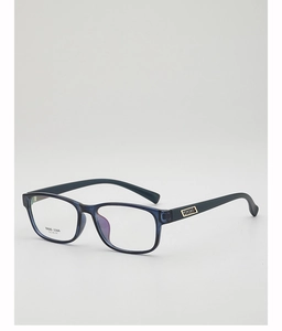 Detailed macro view of dark blue TR90 rectangular eyeglass frames with metal hinge accent