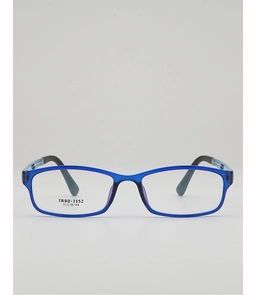 Front view of TR90 rectangular blue frame eyeglasses with size details on lens