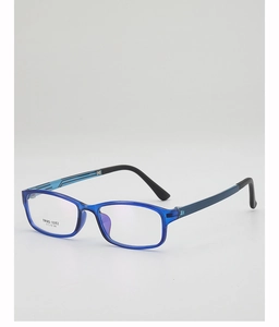 Detailed macro view of royal blue translucent TR90 rectangular optical glasses frame