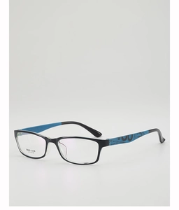 Detail view of TR90 square glasses frames with blue graphic print temple tips and size info