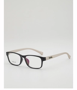 Detailed side view of TR90 square eyeglass frames with black front and cream temples