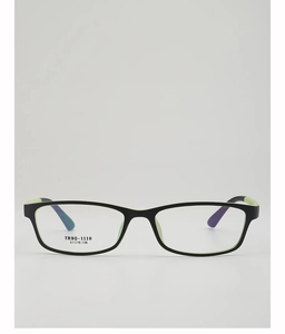 Detailed close-up of retro square glasses frame showing black and green TR90 finish