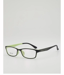 Detail of square glasses frame showing black and green color contrast and temple hinge design