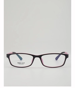 Detailed front view of square TR90 frame with pink and black contrast color design