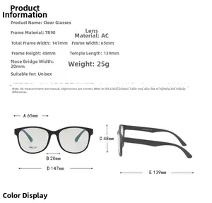 Detailed size specifications for classic TR90 round frame unisex eyeglasses