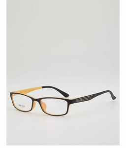 Detail of square TR90 frame with yellow interior and geometric patterned temple accents