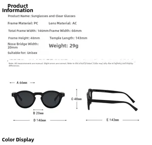 Detailed size chart for retro round sunglasses showing frame dimensions and specifications