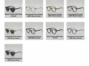 Grid view of retro round frame glasses in assorted colors like tortoise and olive green