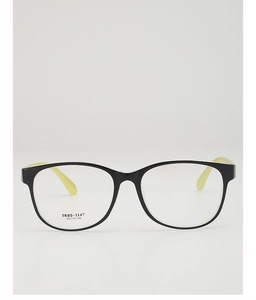 Detailed front view of black TR90 round frame glasses with neon yellow temples and specs