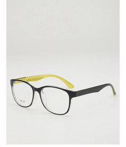 Detail of TR90 round frames showing dual-tone black and neon yellow inner temples