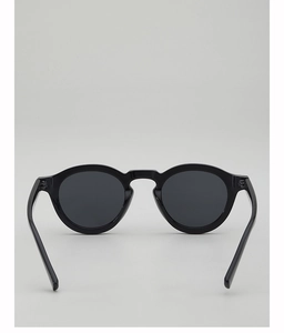 Detailed close-up of glossy black retro round sunglasses frame with dark lenses