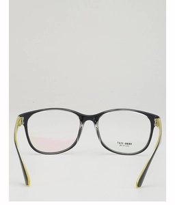Rear view detail of TR90 round frame glasses with black front and transparent yellow temples