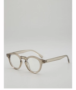 Detail view of transparent grey round frames with temple measurement markings
