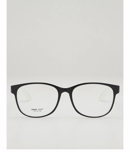 Detail view of TR90 glasses frame showing size specs and black and white contrast