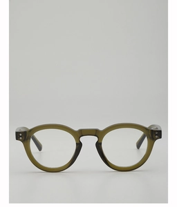 Detailed front view of olive green round frames featuring a vintage keyhole bridge design
