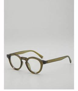Detail view of round olive green translucent glasses frame with silver rivet hinges