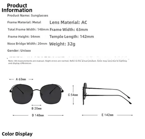 Detailed size chart for gradient metal sunglasses showing precise dimensions and frame weight