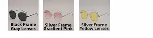 Three gradient pink and grey metal frame sunglasses with anti-UV lenses in detail view