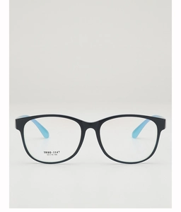Detail view of TR90 dual-color glasses frame with black exterior and blue inner temples