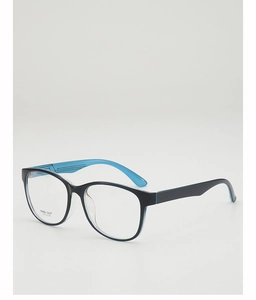 Detail of TR90-1147 round black frame glasses with blue temples showing model specifications