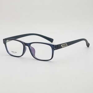 Vintage square blue TR90 glasses frames with black matte temples and golden metal detail