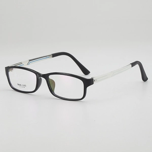 Classic black TR90 square frame glasses with blue and white striped temples for comfort