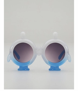 Detail of cartoon character children's sunglasses with white to blue gradient frame