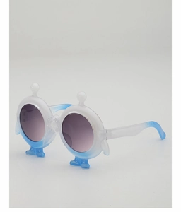 Detailed side view of blue and white gradient kids monster sunglasses with round lenses
