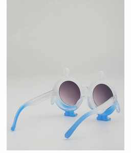 Macro detail of kids cartoon sunglasses with blue gradient frames and purple lenses