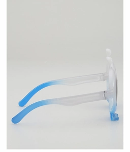 Detail view of blue-white gradient frame kids sunglasses with decorative dots