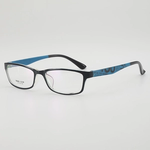 Ultralight rectangular black eyeglasses frame with TR90 material and blue side accents