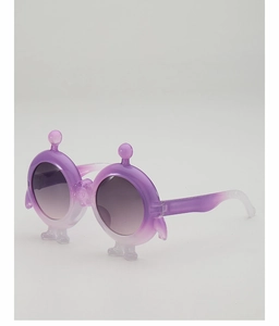 Detail view of purple gradient cartoon monster sunglasses with round lenses for kids