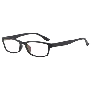 Classic black square full-frame lightweight glasses shown from a 45-degree side angle