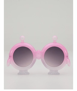 Detail of pink cartoon-shaped kids sunglasses with matte frame and gradient lenses