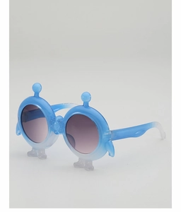 Detail of blue gradient cartoon sunglasses for girls with playful round antenna frames
