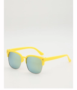 Détail de monture demi-cerclée jaune avec verres bleus réfléchissants pour lunettes enfant