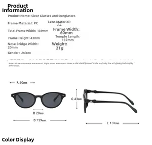 Detailed size specifications for minimalist casual black sunglasses frame with dimensions