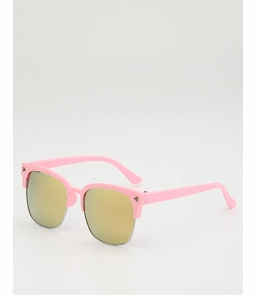 Détail macro de lunettes de soleil enfant demi-cerclées rose avec verres miroir jaunes
