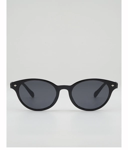 Detail of oval black sunglasses featuring silver diamond studs and dark grey lenses