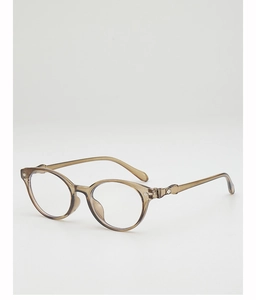 Detailed close-up of retro brown translucent round glasses frame from a 45-degree angle