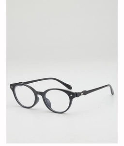 Detail view of glossy black round frames featuring silver diamond-shaped rivets on temples