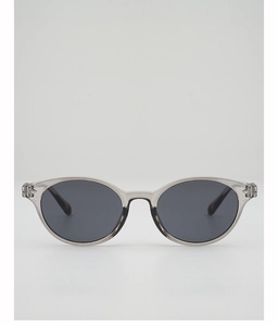Detail view of oval semi-transparent grey sunglasses frame with dark grey lenses